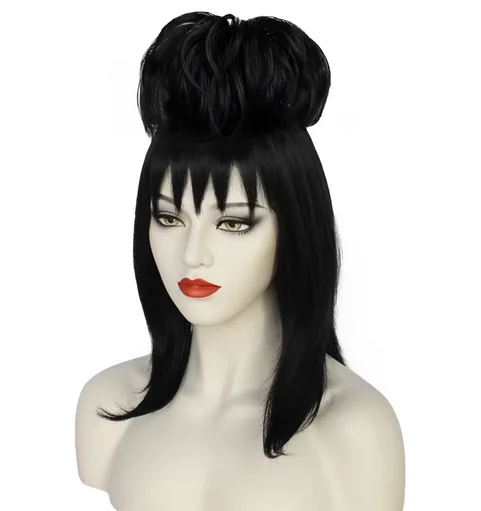 Lydia Deetz Cosplay Wig Bride Gown Costume Props Black Synthetic Straight Hair Women Girls Halloween Carnival Party Accessories