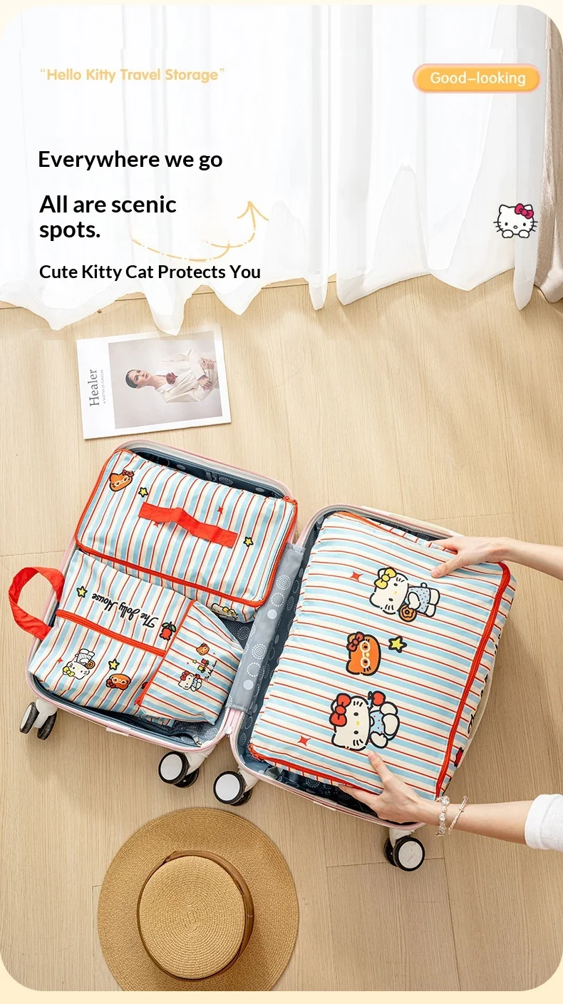 Hello Kitty Gestreifte Reise-Aufbewahrungstaschen Wasserdichte Koffer-Organizer-Tasche für Kleidung, Unterwäsche, Schuhe, Organisation, Geschenk – Detail 9