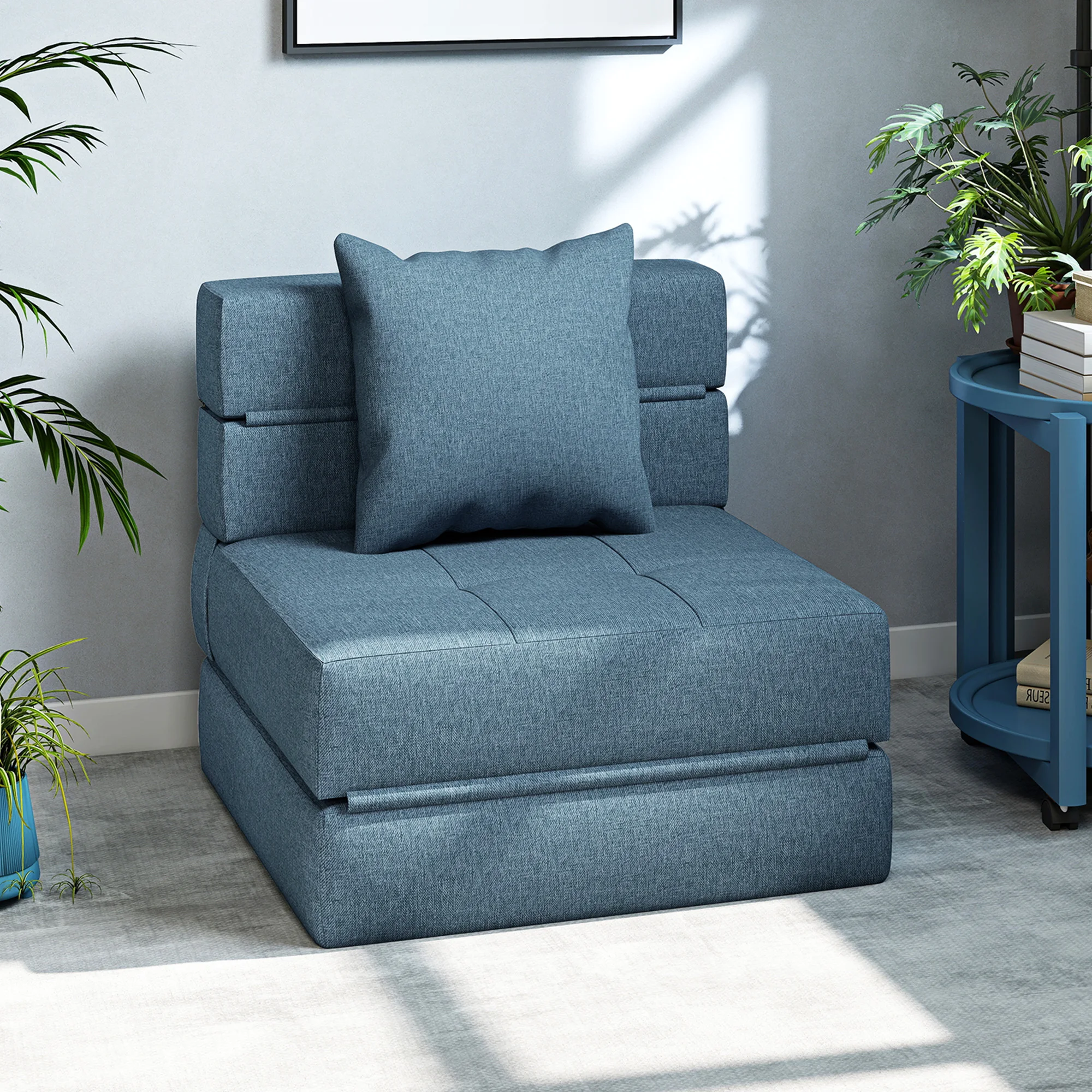 HOMCOM Schlafsessel klappbar, Schlafsofa, 2-in-1 Klappsessel mit Bettfunktion, Relaxsessel mit Kissen, Gästebett für Wohnzimmer, Schlafzimmer, bis 120 kg Belastbar, Blau