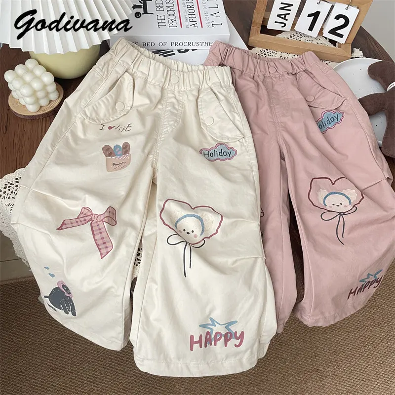 

Детские хлопковые брюки-карго для девочек, весна-осень 2026, модные, с милым мультяшным принтом, на резинке, прямые, повседневные