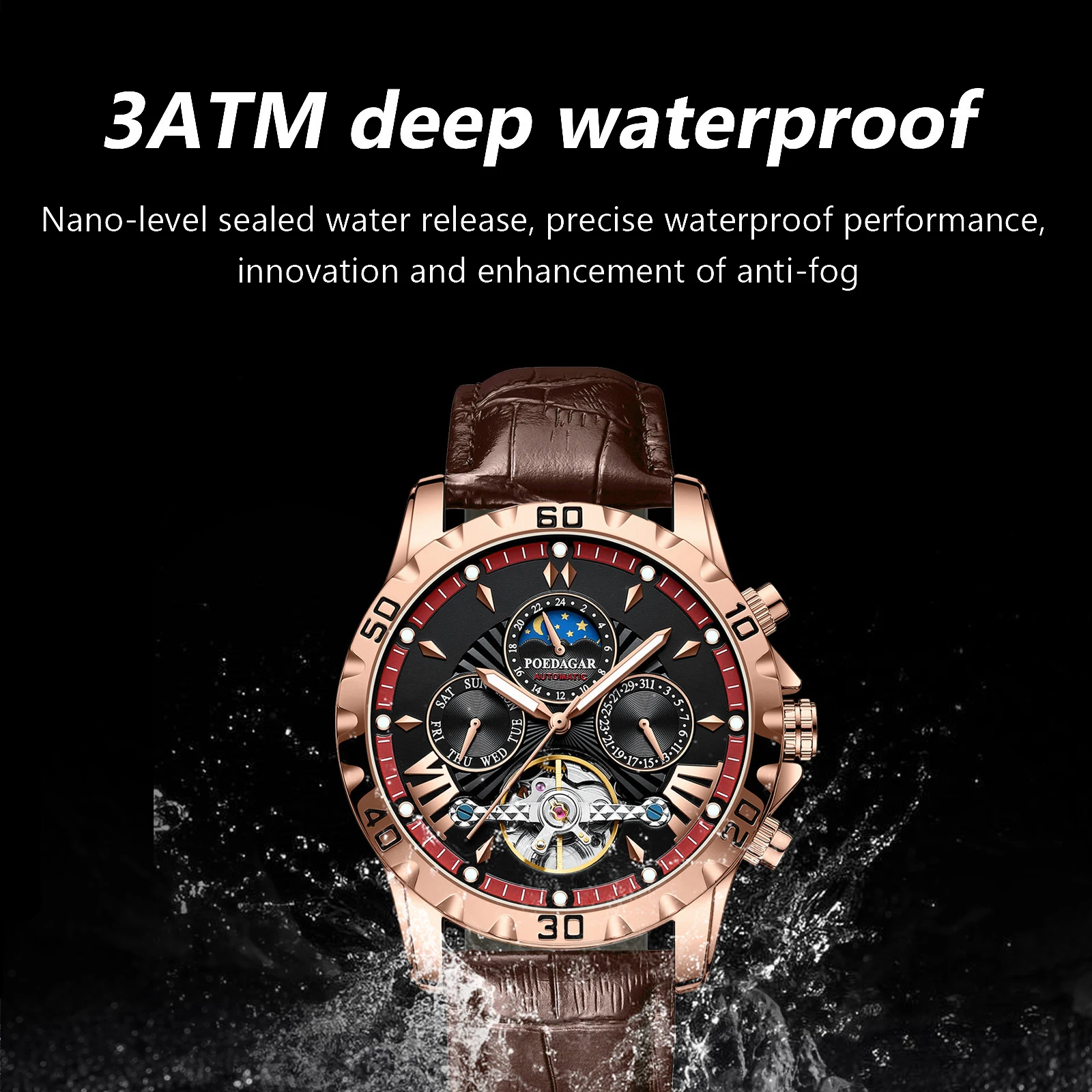 POEDAGAR Automatic Mechanical Tourbillon Wristwatch Luxury Watch for Men Waterproof Luminous Date Week Leather Men\'s Watches+box