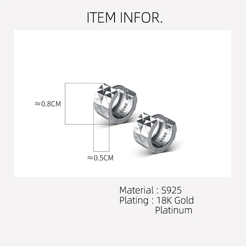 8mm 925 Silver Woman Earring Small Wide Pattern 925 Silver Hoop Earrings For Women Female Girls Lady Glossy Round