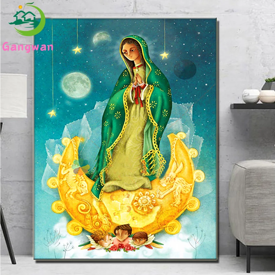 5D pintura diamante com lua dos desenhos animados e anjos abençoados, virgem maria, cristão, amor, bordado, religiosos, Home Art, criança