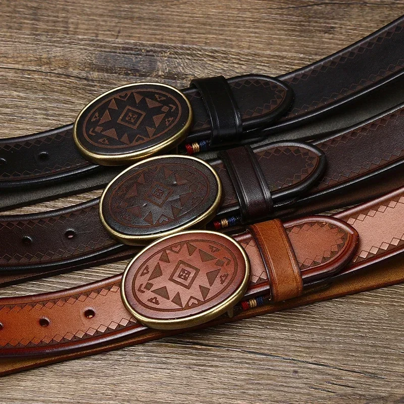 3.8CM Men High Quality Genuine Leather Belt Luxury Smooth Buckle Belts Pure Cowskin Laser Engraving Strap Male Jeans for Man