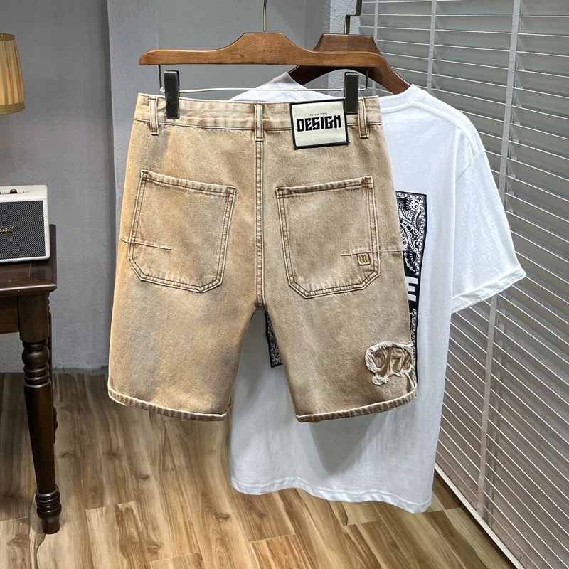 Vintage Jeans Men's Shorts Yellow Mud Street Fashion Bermuda Pants Straight Loose Distressed Patchwork Denim Shorts