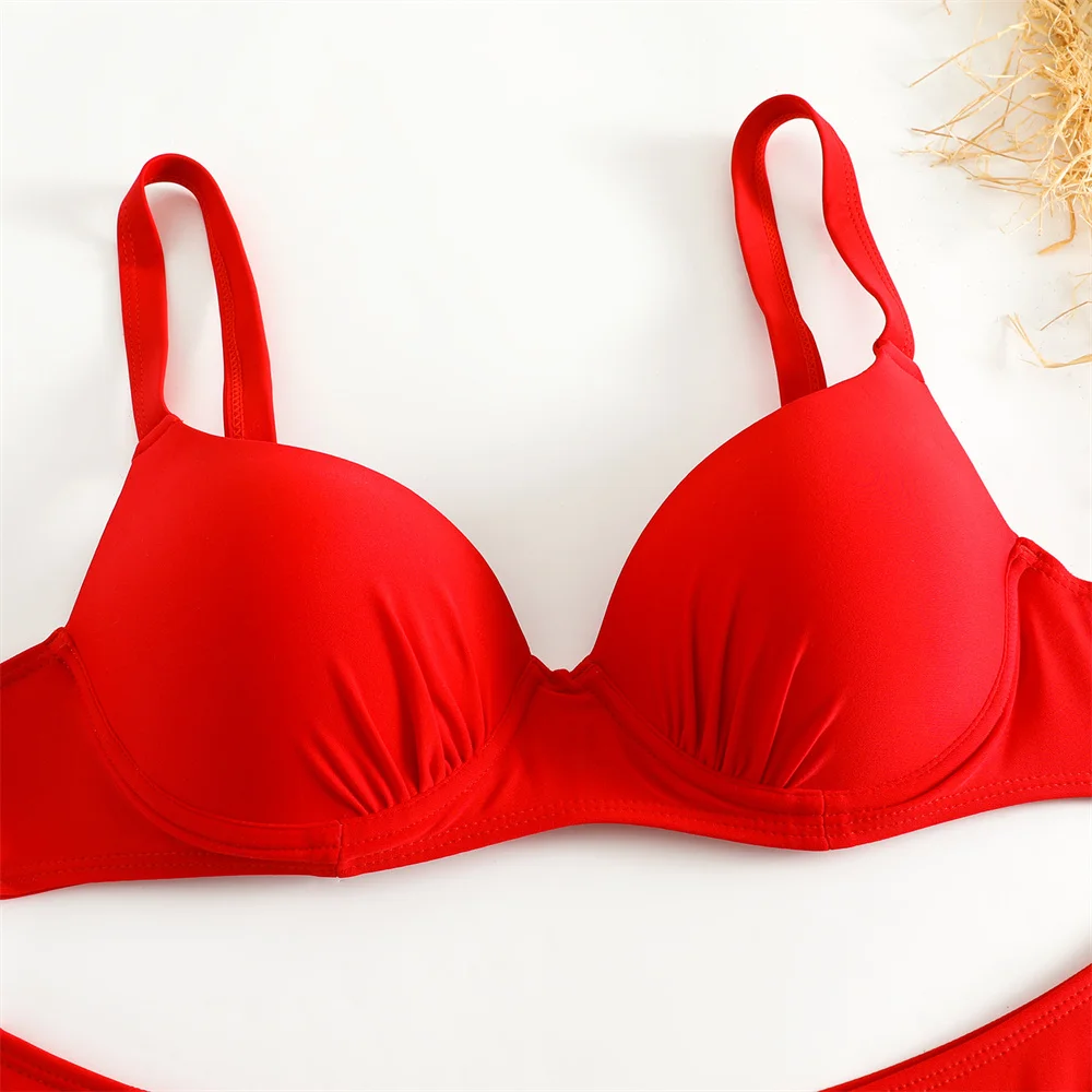 Red Sexy Push Up Bikini Thong Swimwear Underwired Padded Y2K Swimsuit Women Vacation Beach Wear Two Piece Brazilian Bathing Suit