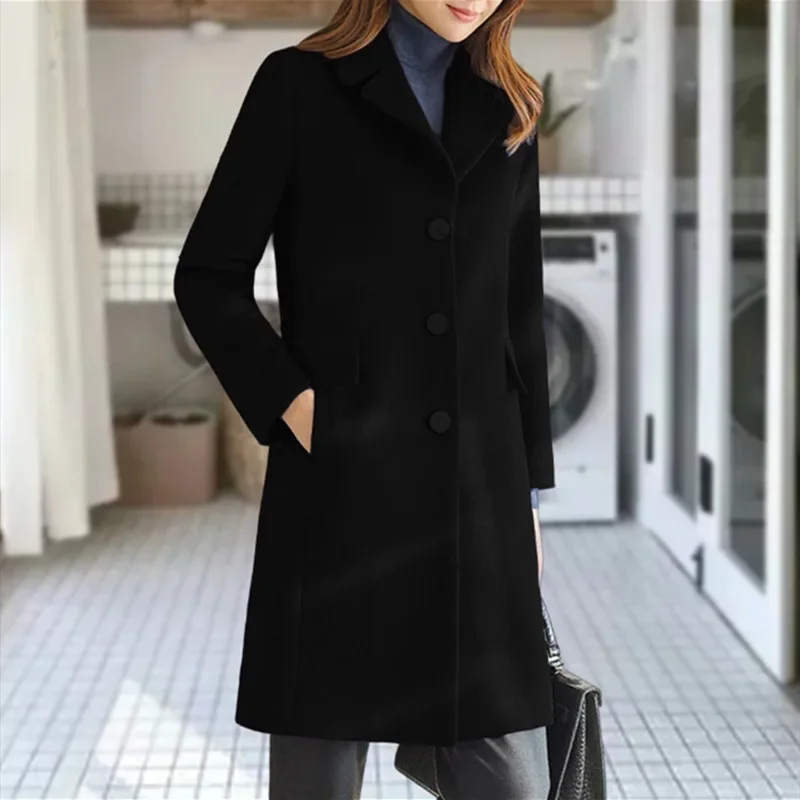 Women Long Sleeve Turn-down Collar Woolen Coat Women Solid Pocket Single-Breasted Straight Long Coat Autumn Winter Woolen Coat