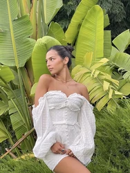 Gypsylady White Elegant Chic Mini Dress Off The Shoulder Cotton Sexy Summer Holiday Women Dresses Lantern Sleeve Holiday Vestido