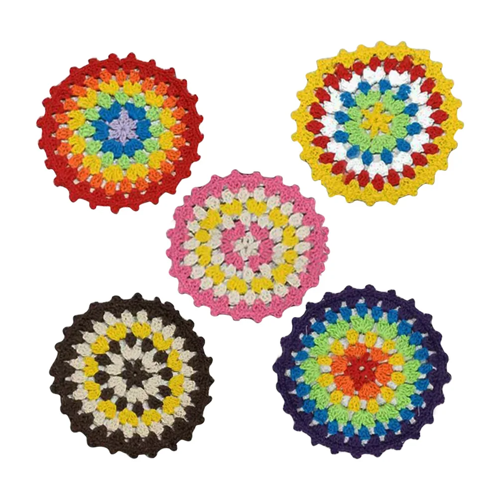 

5pcs Crochet Cotton Round Coasters Anti Skid Handmade Table Mats for Cups Teapots Bottles Home Decoration