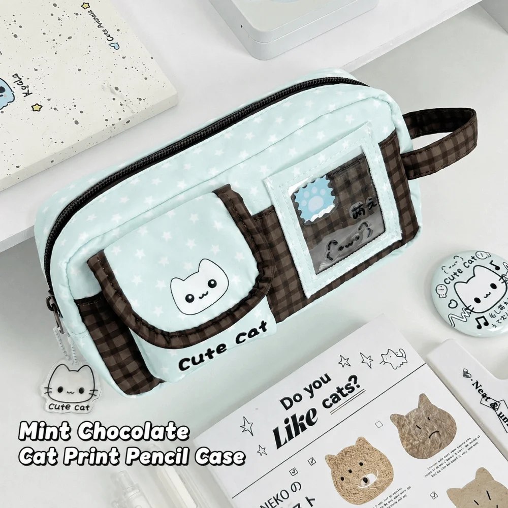 Portable Mint Chocolate Pencil Case Cat Print Large Capacity Pen Bag Multi Compartment Pencil Pouch School Supplies