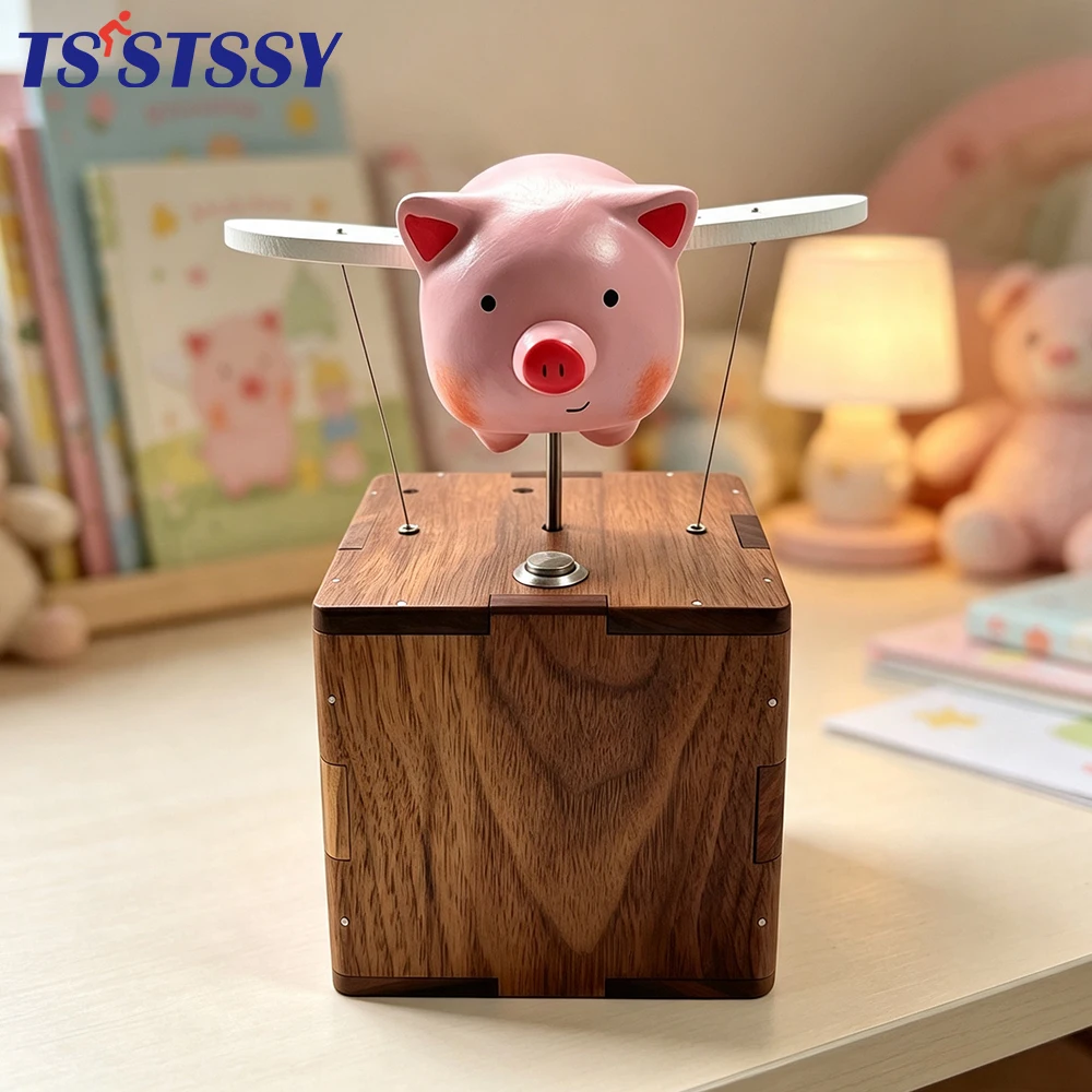1Pcs Wood Mechanical Flying Pig Automata Figurine Handmade Dynamic Dancing Pig Desk Decoration Creative Art Craft Decorative