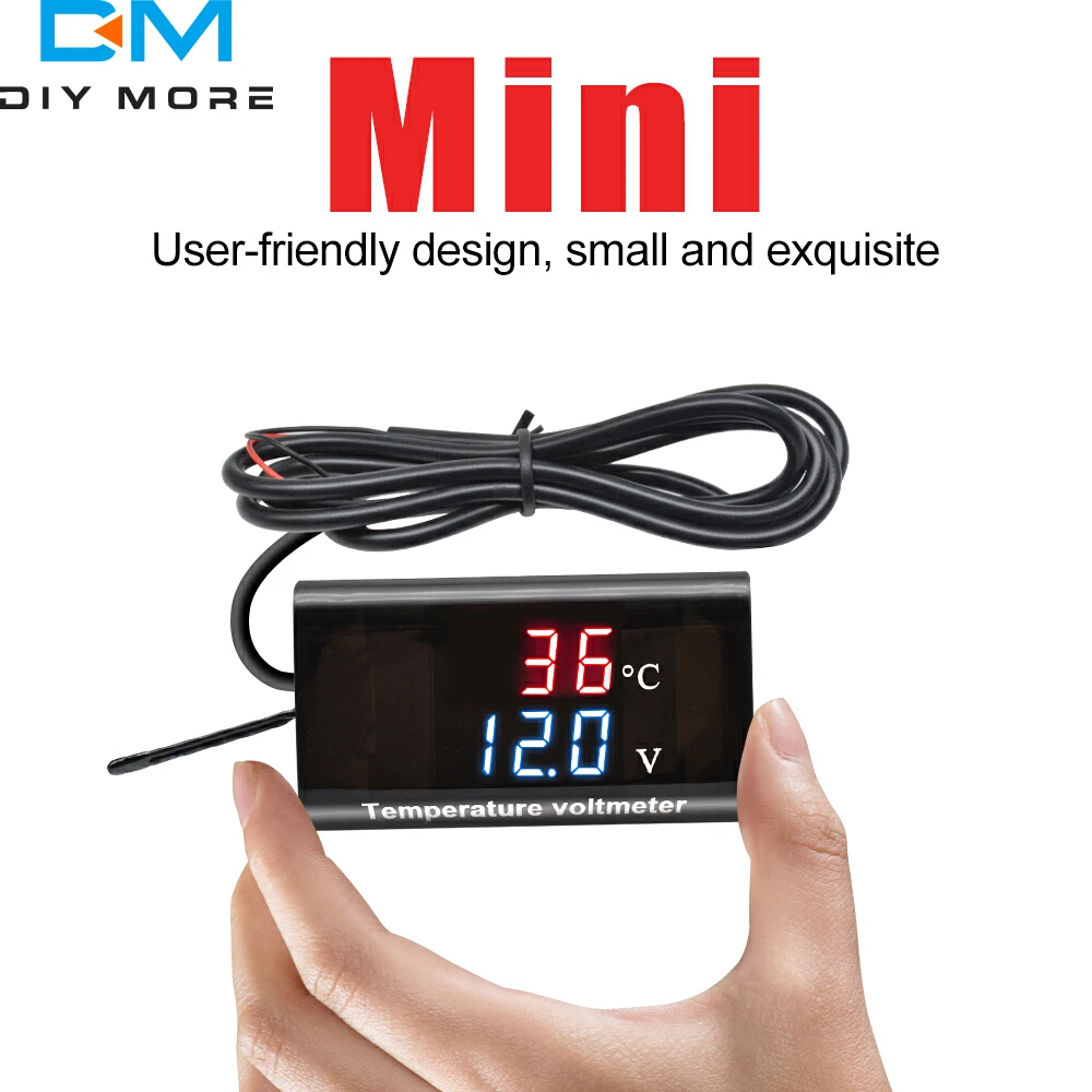 DC 12V 0.28 inch Dual Display LED Digital Temperature Sensor Voltmeter Thermometer Voltage Meter Tester with 100cm Cable