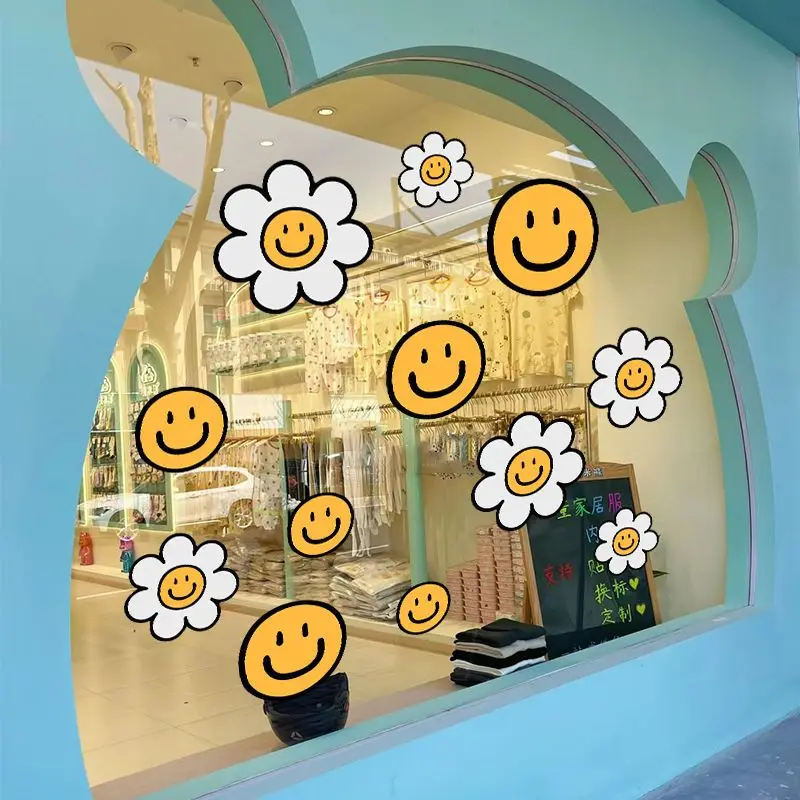 Korean-style Static Cling Wall Decals Sunflower Glass Storefront Anti-collision Stickers Waterproof Desserts Shop Decorations view 2