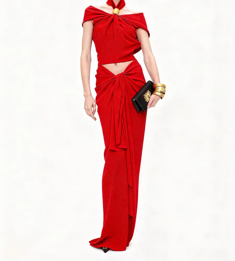customized evening dress red two-piece off-the-shoulder gown with draped top, knot details, midriff cutout and matching maxi