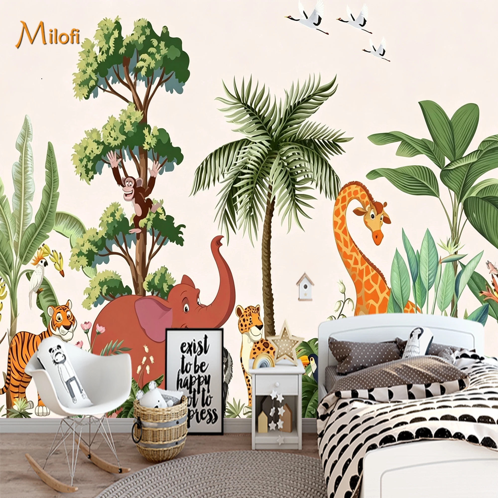 Custom Cartoon Jungle Animal Mural Wallpaper Tiger Elephant Giraffe Monkey Palm Tree Wall Paper for Kids Room Nursery Decor