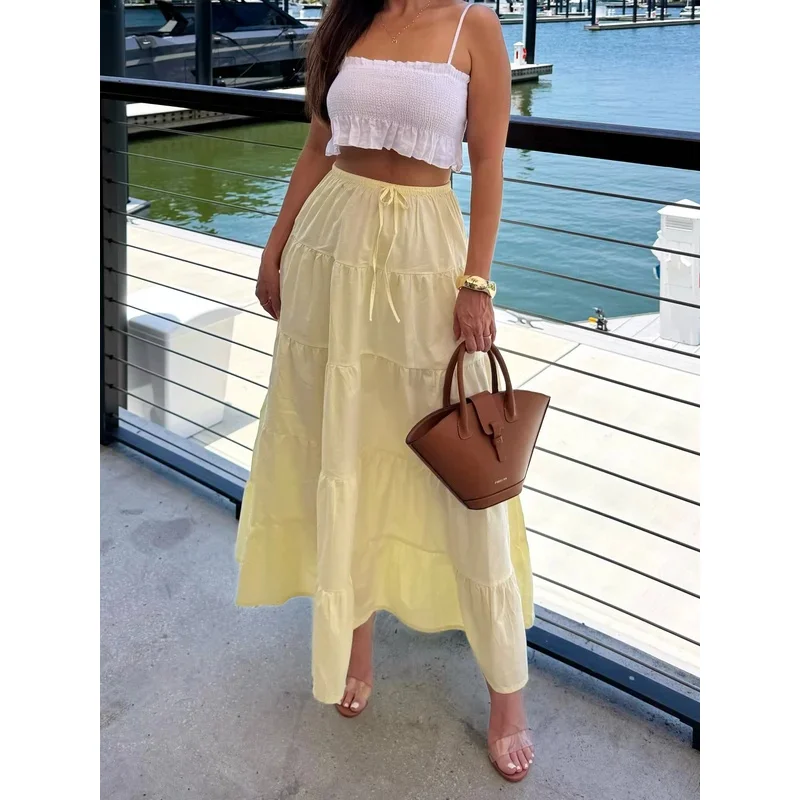Falda hasta el tobillo para mujer, novedad de verano, costura multicapa, decoración informal con cordones, versátil, moda de vacaciones Simple
