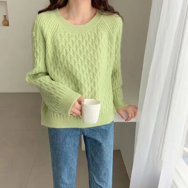 

Spring Autumn Polyester Women's Sweater Round Collar Long Sleeve Pullover Loose Knitted Solid Fashion Casual Sweater