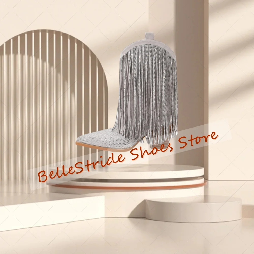 

Silver Crystal Tassels Decor Pointed Toe Boots Women Shoes Chunky High Heels Party Banquet Dating 2025 Zapatos Para Mujere