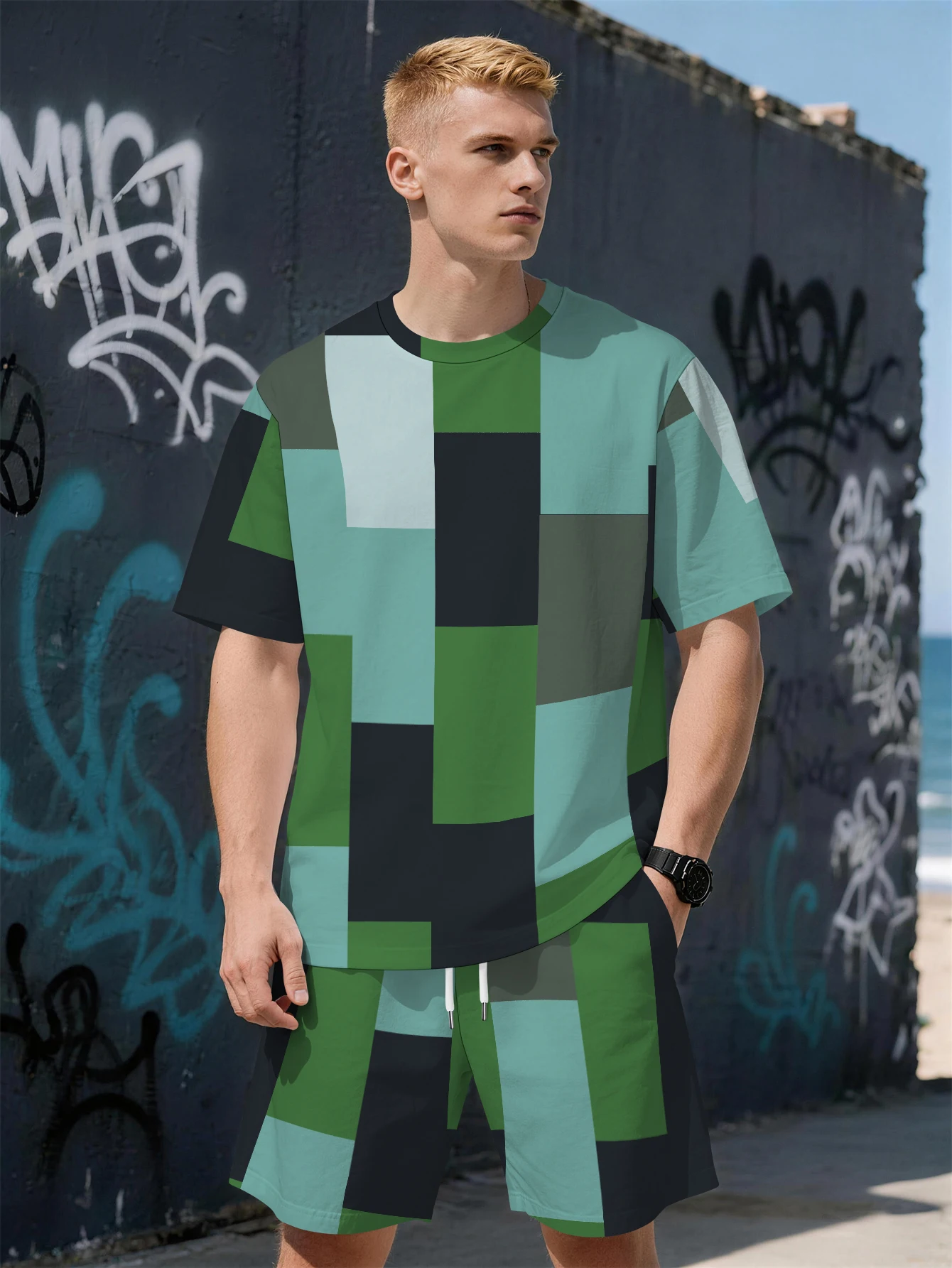 

2026 Summer New Men's Short-Sleeved Set with 3D Check Pattern Print Street Casual Fashion Comfortable and Soft