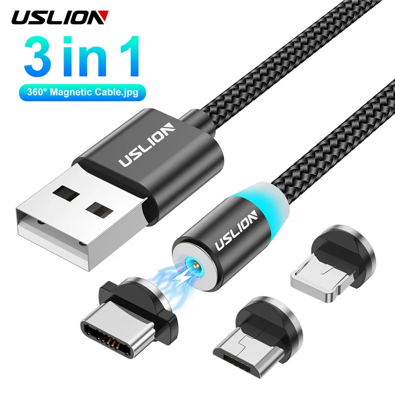 USLION 3 In 1 LED Magnetic USB Cable Micro USB Type C Cable For iPhone Xiaomi Samsung Fast Charging Charge Micro USB Wire Cord