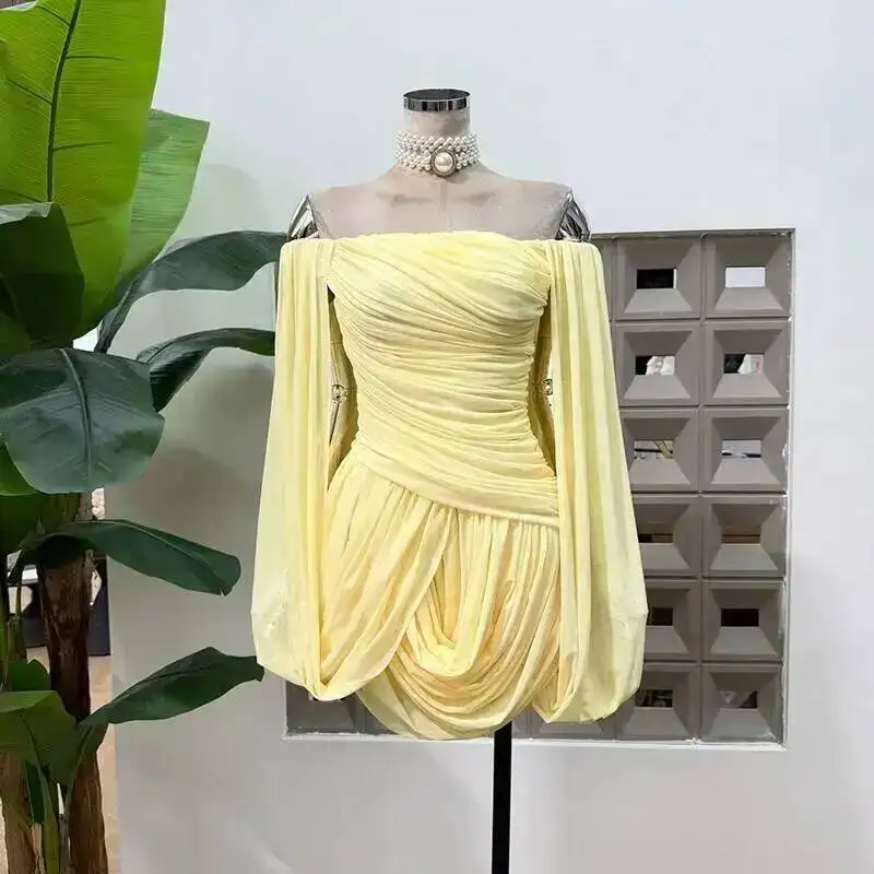 Summer Irregular Blue Slash Neck Pleats Dress Women Long Sleeve Tight Waist Mini Dresses New 3AAJ8D