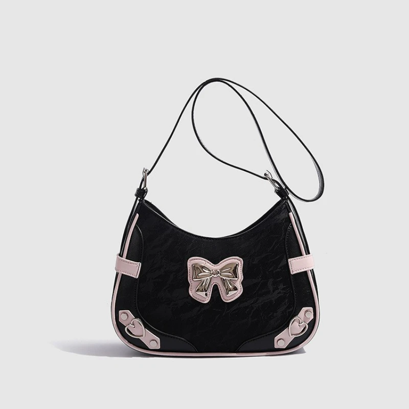 Y2K Aesthetic Bag Black Pink Contrast Shoulder Bag Niche Sweet And Cool Style Bow Accent Sling Pack for Daily Wear