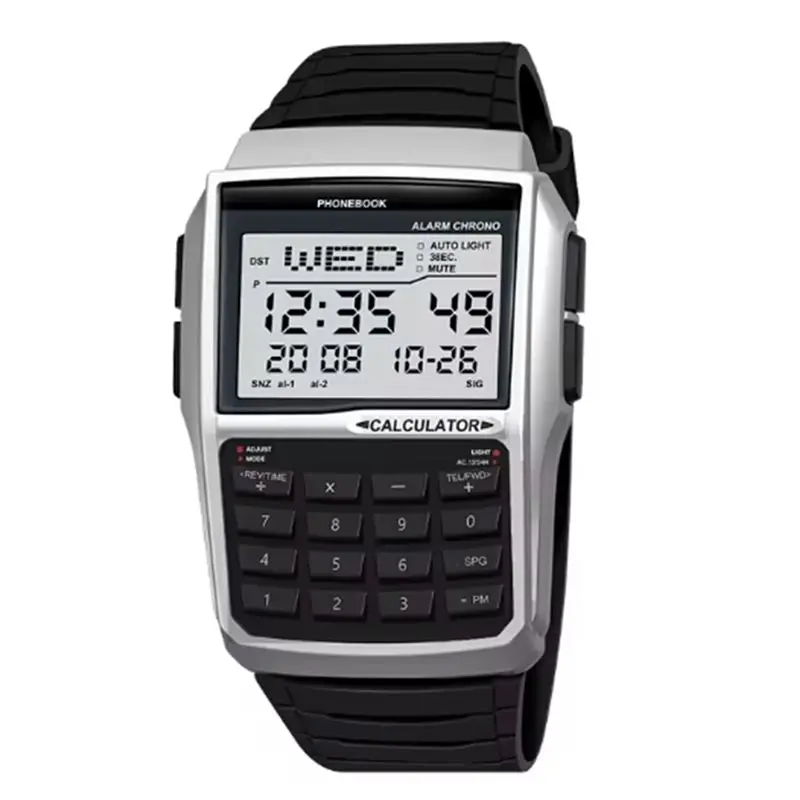 

Men' S Stainless Steel Strap Watch Computer Style Led Multifunctional Calculator Watch Plastic Case