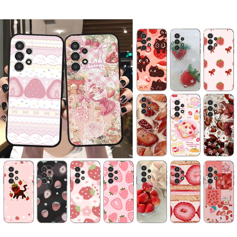 

Phone Case For Samsung A17 A55 A16 A56 A35 A15 A53 A54 A33 A34 A25 A05S A52 A52S A07 A26 A06 Strawberry Cat Cake