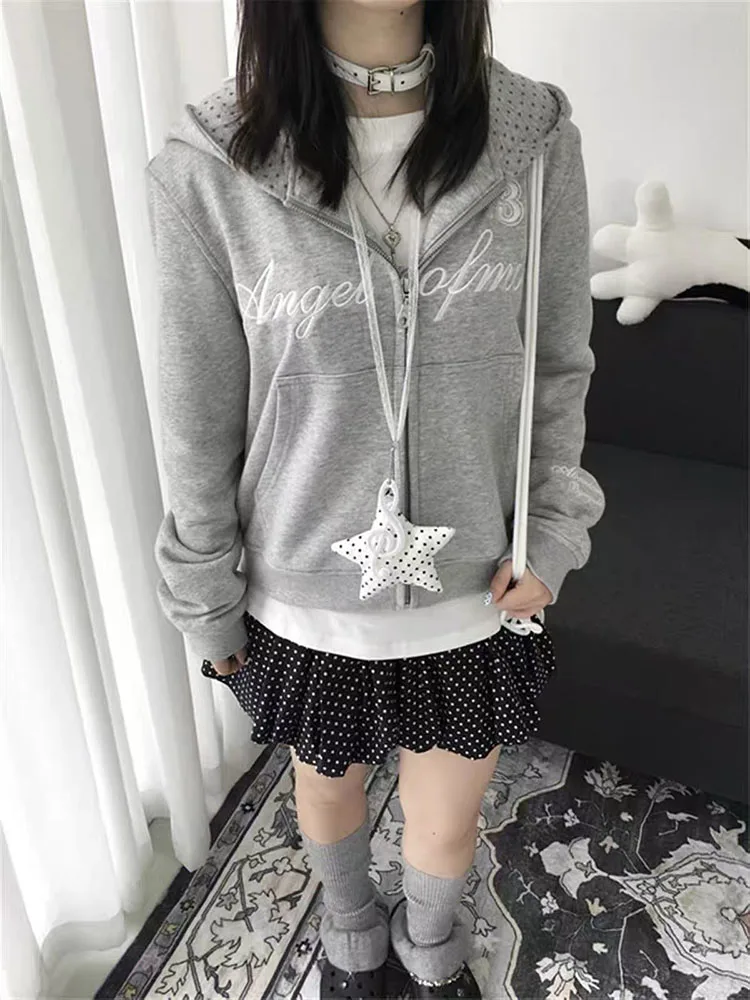 Letter Embroidered Hooded Jacket for Women Japanese Star Print Zipper Coats Retro 2000S Preppy Long Sleeve Autumn Outerwear