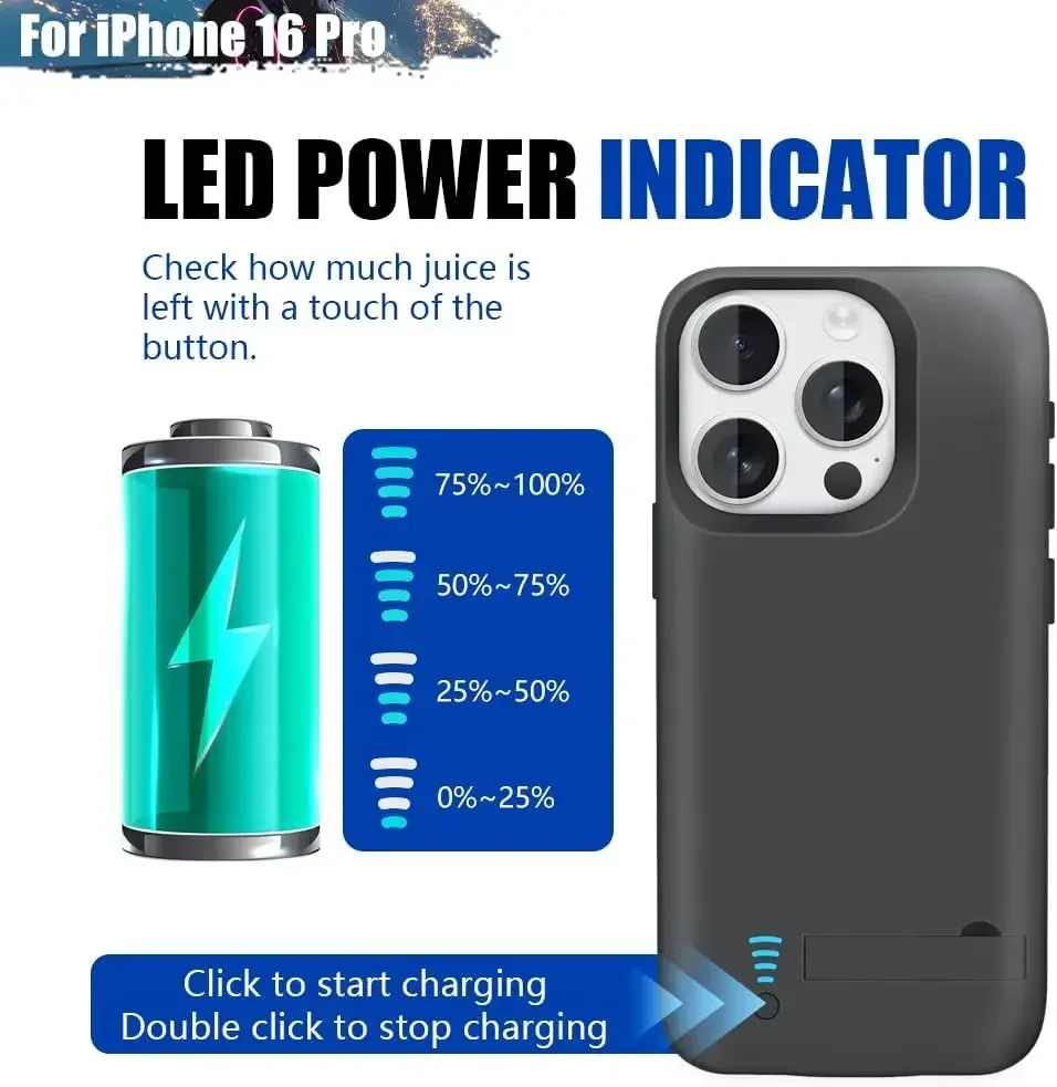 Untuk iPhone 16 Pro Max/16 Pro/16 Plus Powerbank Portabel Penutup Pengisi Daya Pelindung Baterai Eksterne Casing Pengisi Daya Baterai Pintar