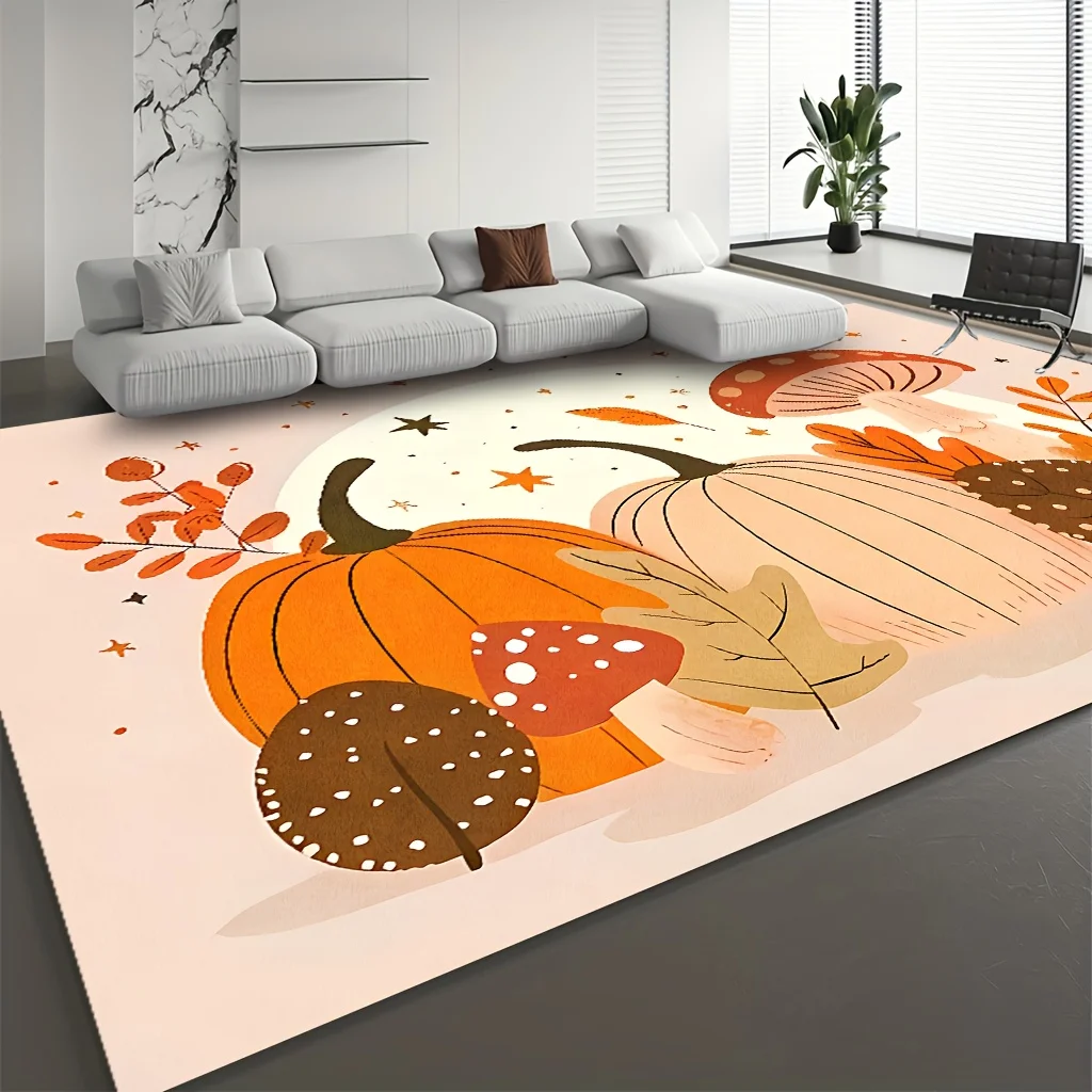VIKAMA Rectangle Autumn Pumpkin Mushroom Rug Maple Leaf Star Print Warm Orange Tone Non Slip Fall Living Room Home Floor Mat