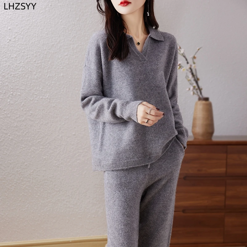 Imagem -02 - Conjunto Lhzsyy Pure Cashmere para Senhoras Suéter de Lapela Calça Casual de Cashmere com Pés Pequenos Novo Peças Outono e Inverno