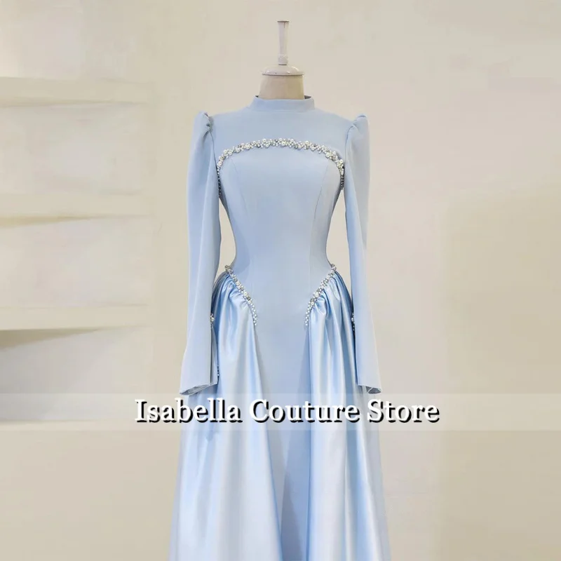 신상 이브닝 드레스 맞춤 제작 하이넥 긴팔 크리스탈 진주 A라인 정장 드레스 아라비아 프롬 가운