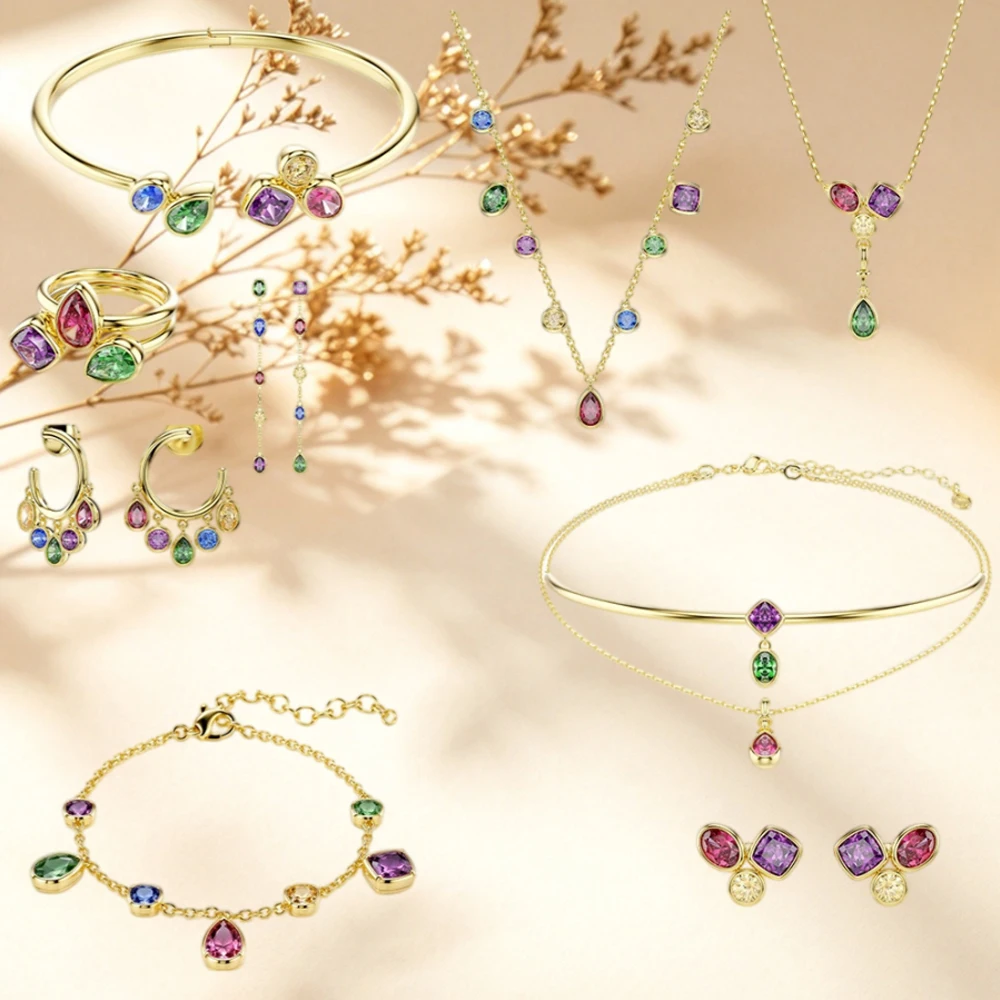 Colorful Treasure Flow Gold Asymmetric Long Chain Earrings Colorful Falling Shadow Multi Color Gemstone Bracelet