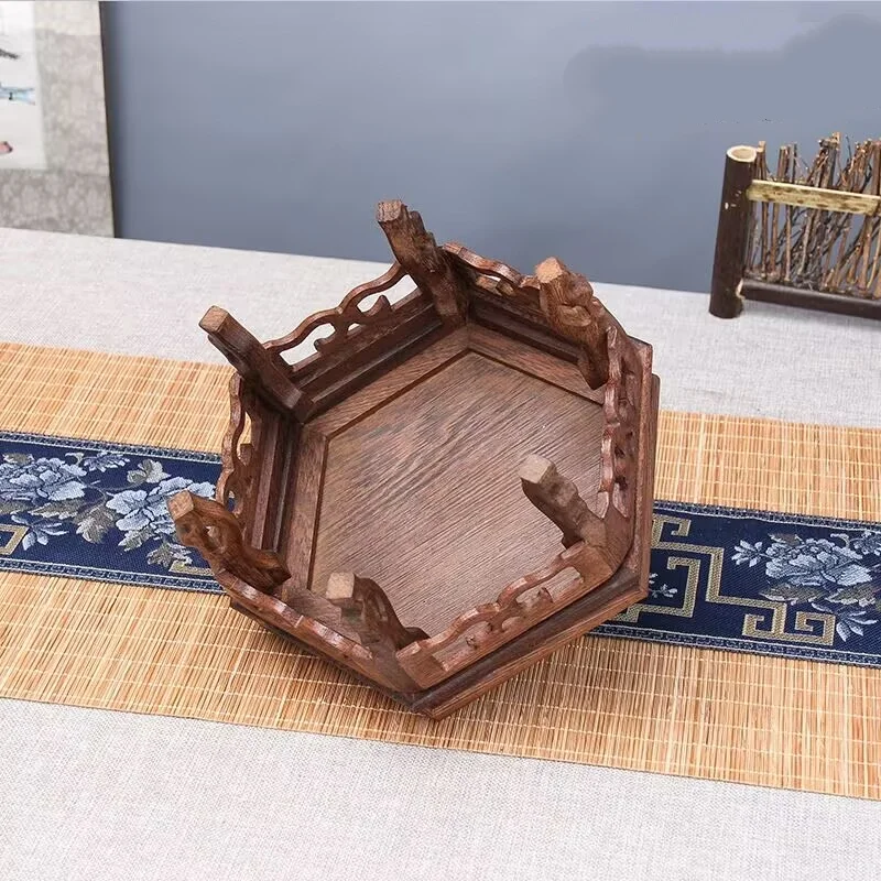 Hexagonal Solid Wood Display Stand Vintage Home Decor Tabletop Accent for Teapot Plant Vase Figurine Miniature Standing Base