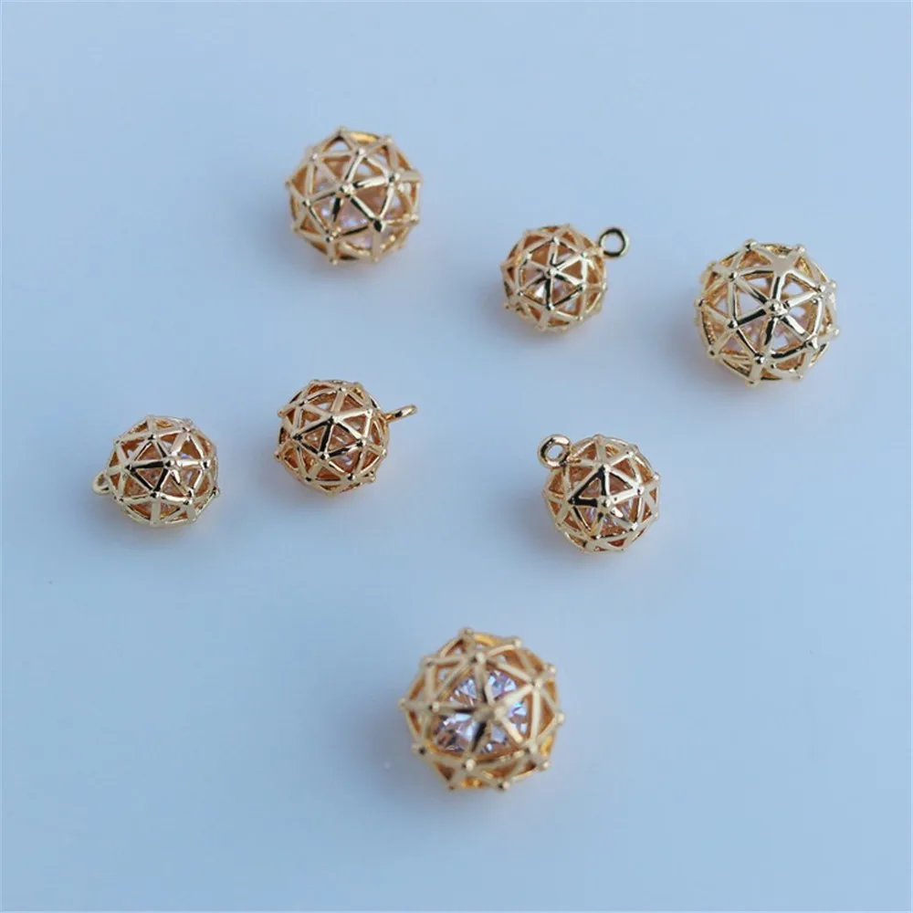 1pcs 14K Gold Package Hollow Ball Inside Zircon Pendant, Embroidery Ball, Hanging DIY Jewelry, Bracelet, Necklace, 8mm, 10mm