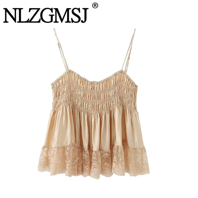 Nlzgmsj 2026 Sexy Women Smocked Lace Hem Cami Top Spaghetti Strap Solid Color Ruffle Hem Sleeveless Casual Camisole Tops