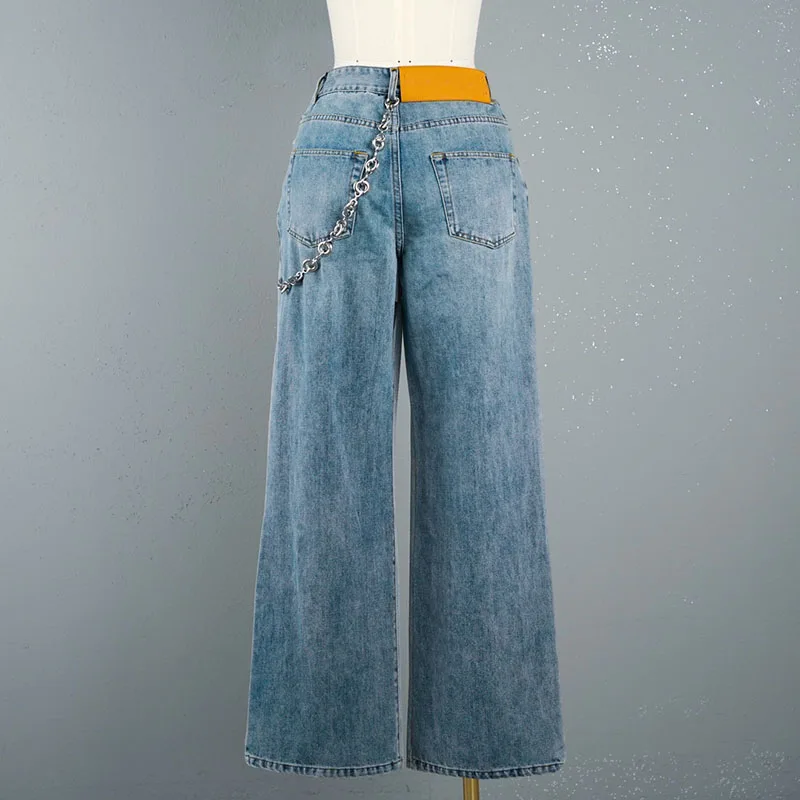 Jeansy2k spring and summer do old washed chain straight trousers women\'s jeans2024 high-waisted trailing trousers Woman trousers