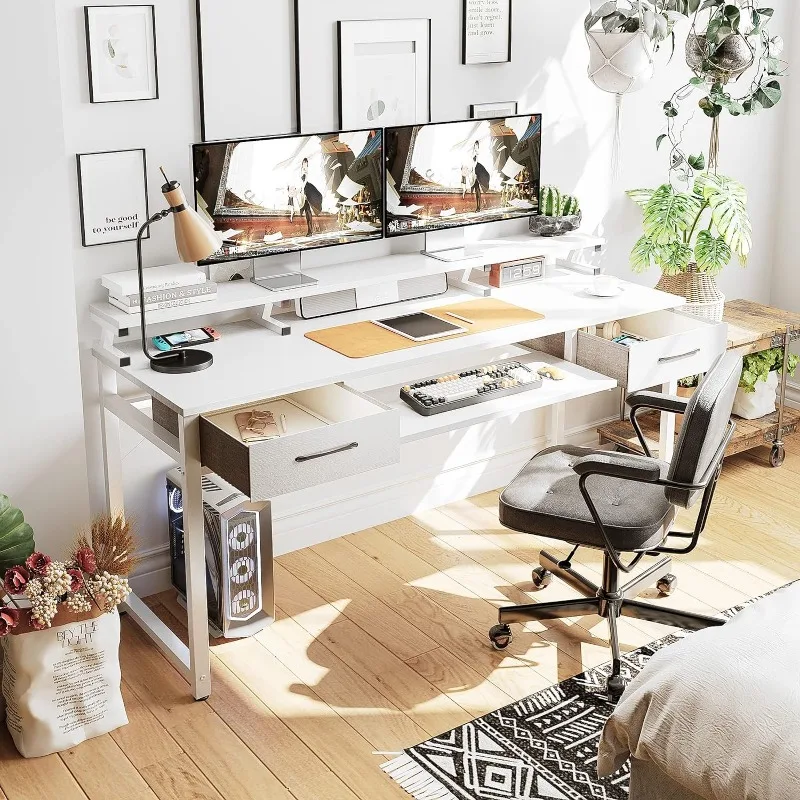 Computer Desk Study Table, 63 Inch Office Desk with Drawers and Keyboard Tray, Study Work with Monitor Shelf