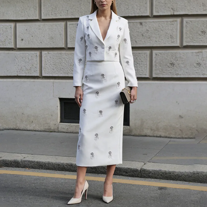 HKSH 2026 Spring New Women Luxury Two-piece Set Notched Collar Single Button Short Coat Studded Diamonds Slim Fit Skirts HK18443
