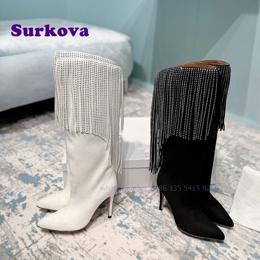 Crystals Tassel Knee High Boots Pointy Toe Black White Suede Thin High Heels Women's Boots Slip On Casual Luxury Shoes Sexy