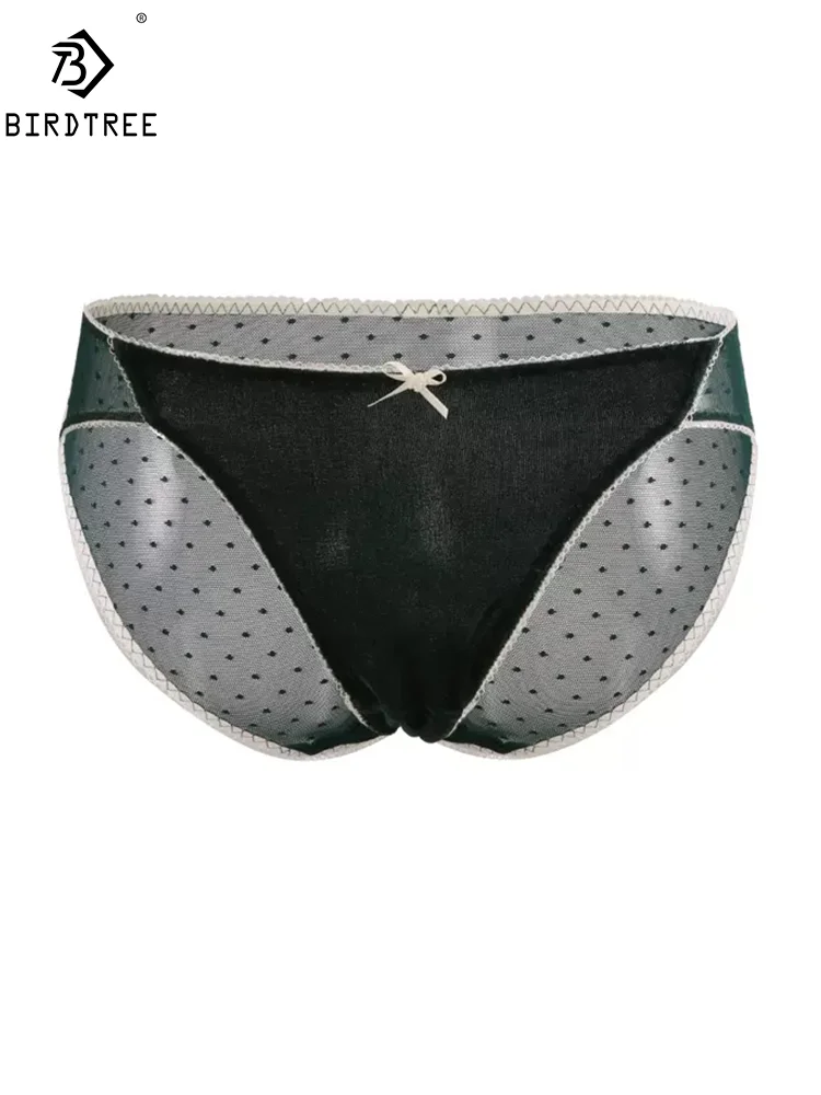 

BirdTree, Crotch 100%Pure Silk Everyday Briefs, Women Low Waist Velvet Dots Bow, Sexy Underwear, 2024 Spring Summer P440108QM