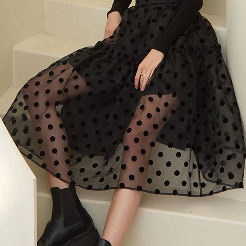 2022 Autumn New  High Waist Slim Organza Flocking Dotted Black Skirt Girl   Casual  A-LINE  Mid-Calf  bandage skirts