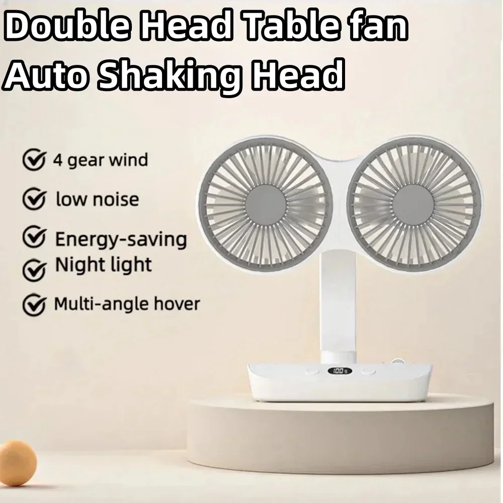 2024 New Multi-Function Double-Head Shaking Fan 4-Gears Adjustable High-Definition Digital Display Night Lights Portable Fan