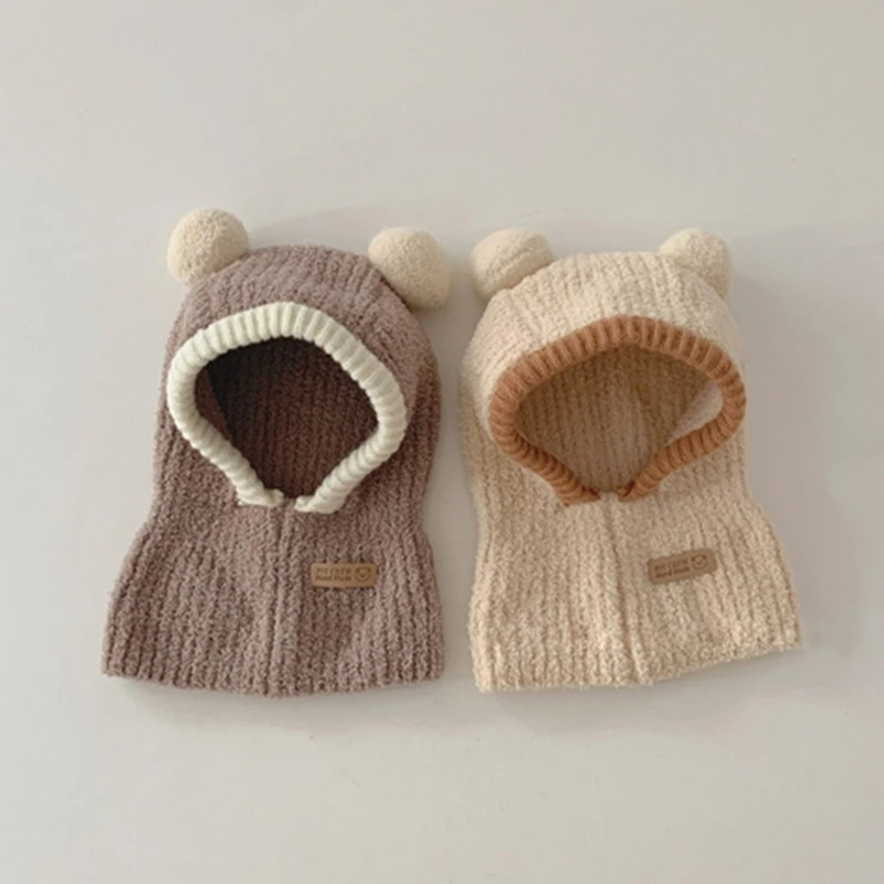 2 In 1 Baby Hat Scarf Integrated Warm Winter Earflap Beanie Cap Neck Warmer with Pom Outdoor Essential for Boys Girls