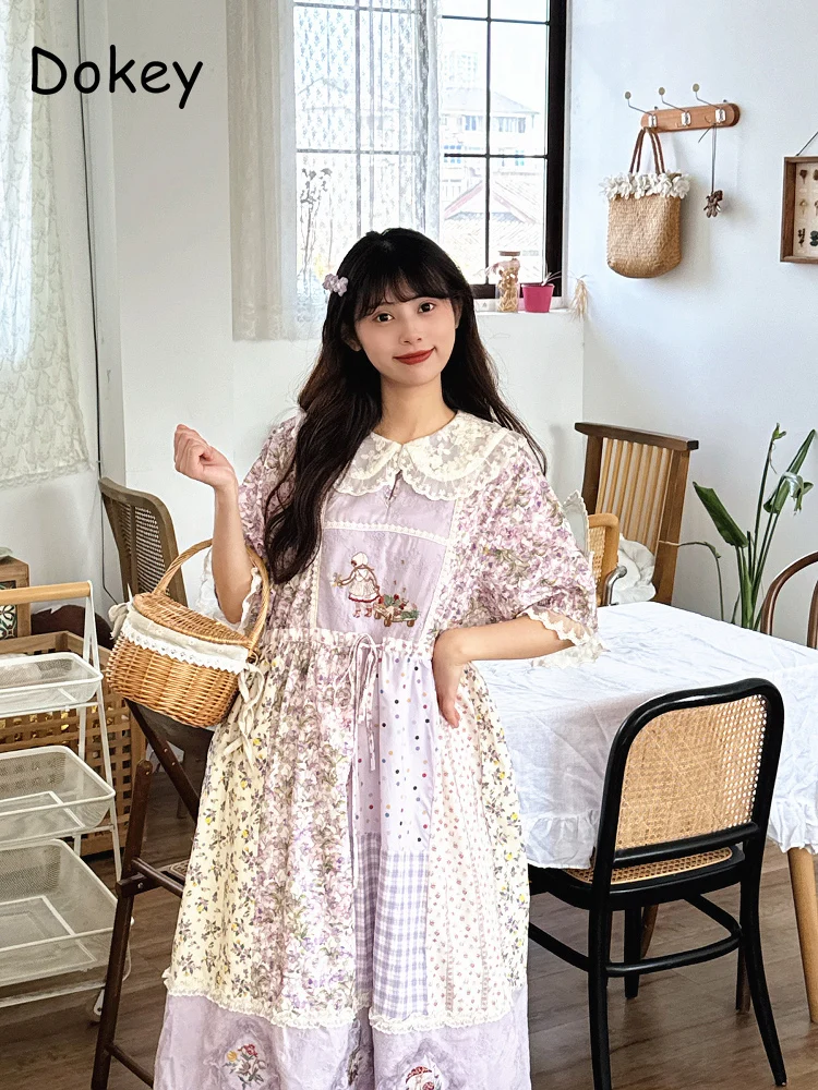 

Vintage Lolita Kawaii Flower Dress Women Japanese Mori Girl Doll Collar Lace Ruffled Puff Sleeve A-Line Cotton Linen Vestidos