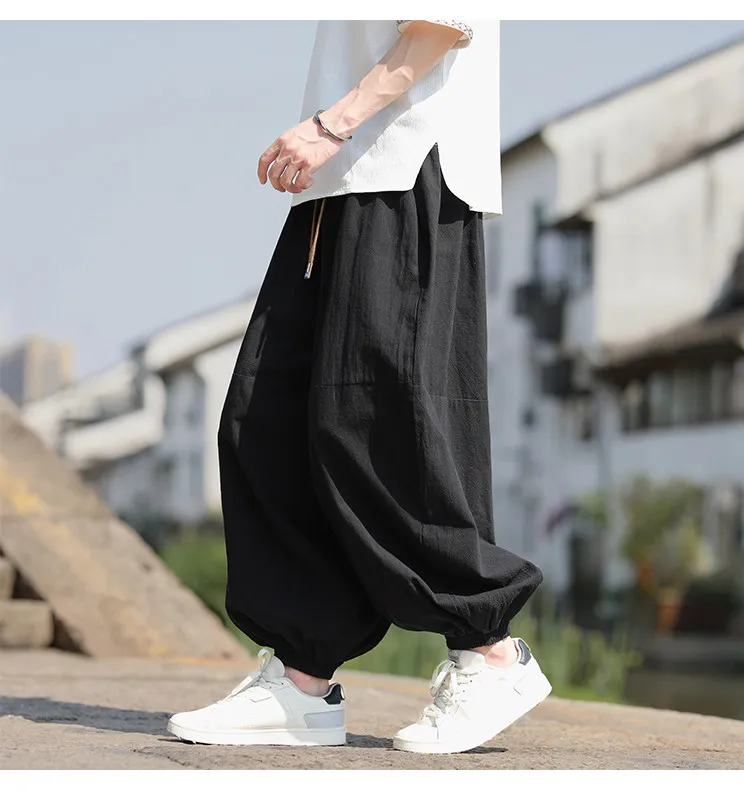Modische Herrenhose im japanischen Stil, Haremshose, lockerer Schnitt, 100 % Baumwolle, Herrenhose für Frühling und Sommer, einfarbige Hose – Detail 9