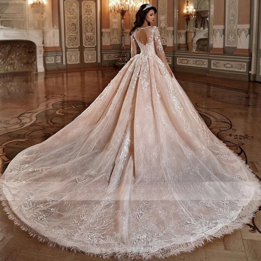 Vestidos de novia de lujo de manga larga con flores y encaje, vestidos de novia personalizados con apliques elegantes y tren capilla con cuentas, vestidos de novia Vintage