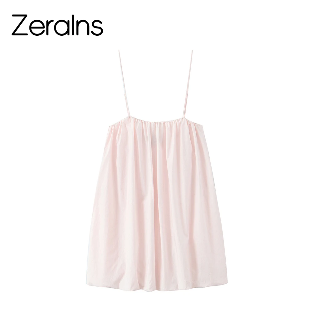 ZERAINS 2026 Sommer Französischer Urlaubsstil Blütenknospen-Rock Nylon Ballon-Version Mini-Trägerkleid für Damen