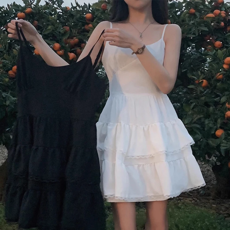 Chic Spring Summer Gentle Personali One-oulder Splice High Waist Slimming White Cake Dr Strapl Dr Women